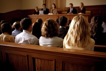 Audience sitting in courtroom observing a trial in session