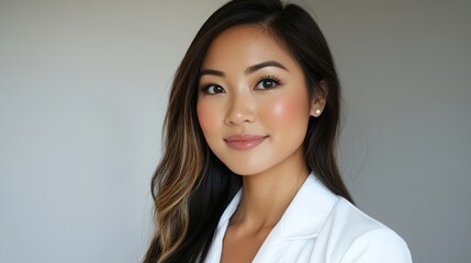 Fototapeta premium Beautiful young Asian female doctor wearing white lab coat in hospital. Medical professional nurse at work. Healthcare and medicine concept