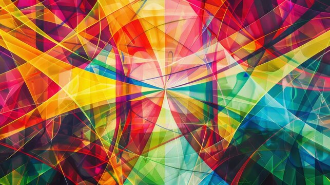 A vibrant, abstract design composed of intersecting lines and shapes in various colors