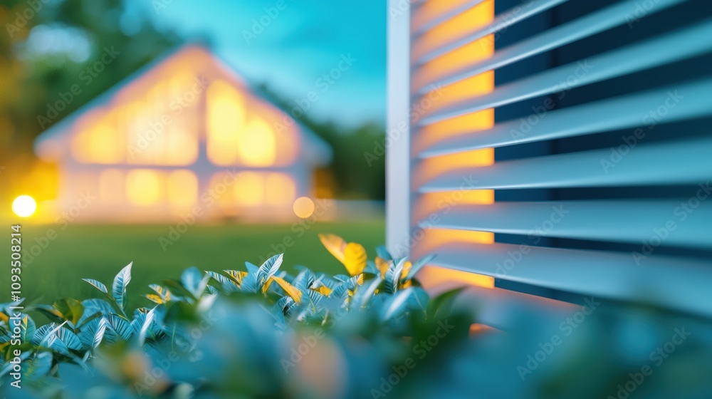 Poster a view through a window into a smart home at night, with automated blinds closing and soft lighting 