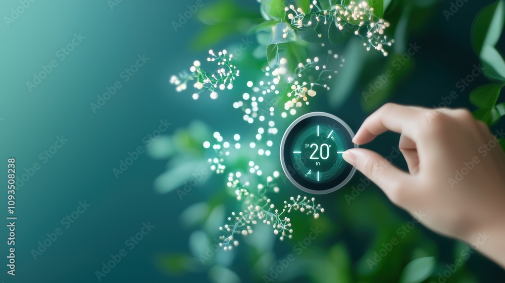 Aufkleber a close up of a hand adjusting a smart thermostat on a wall, the display showing a comfortable room 