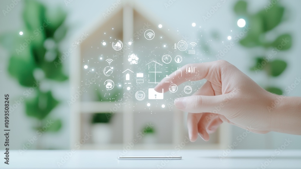 Poster a split screen image showcasing a person controlling various smart home features remotely through a 
