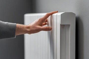 Male hand checking heater radiator on grey wall background