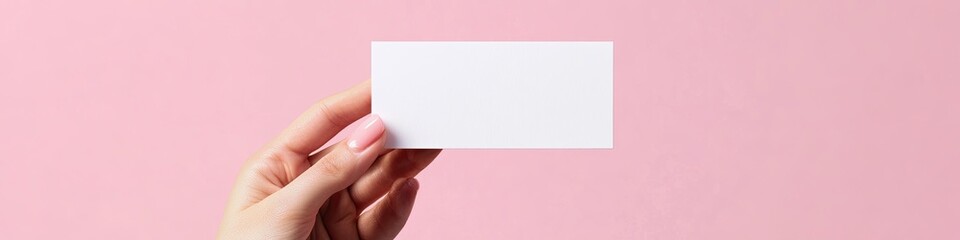 Obraz premium Woman holding blank business card on pink background, close-up. Layout for design. 