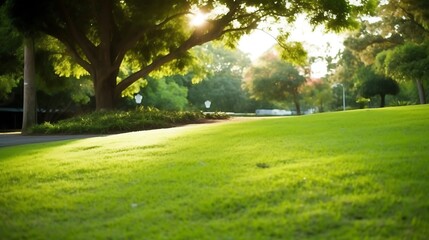 Fototapeta premium Sunlit Park Scene With Lush Green Grass and Trees
