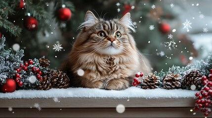 A fluffy Persian cat sitting gracefully on a snowy bench surrounded by pinecones and festive garlands