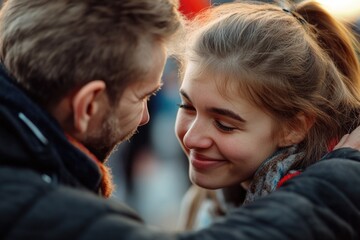 A man and a woman look into each other's eyes, with a romantic atmosphere