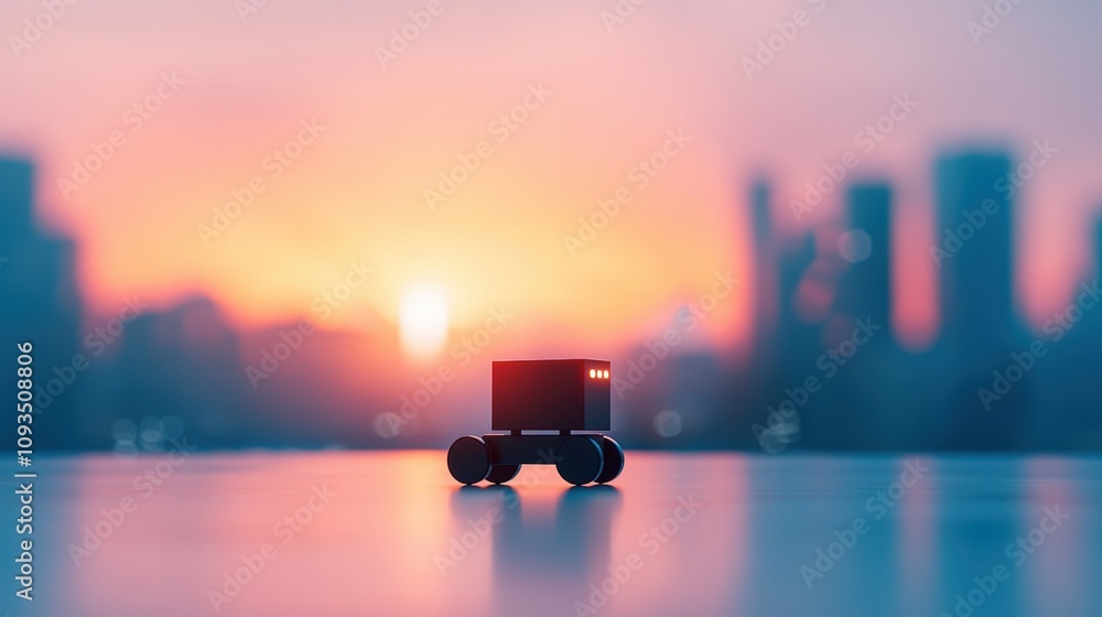 Poster a delivery robot transporting online orders in a city environment, representing the growth of e comm