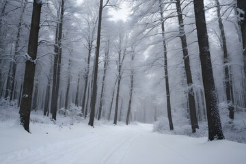 Naklejka premium Snowy path winding through a serene winter forest