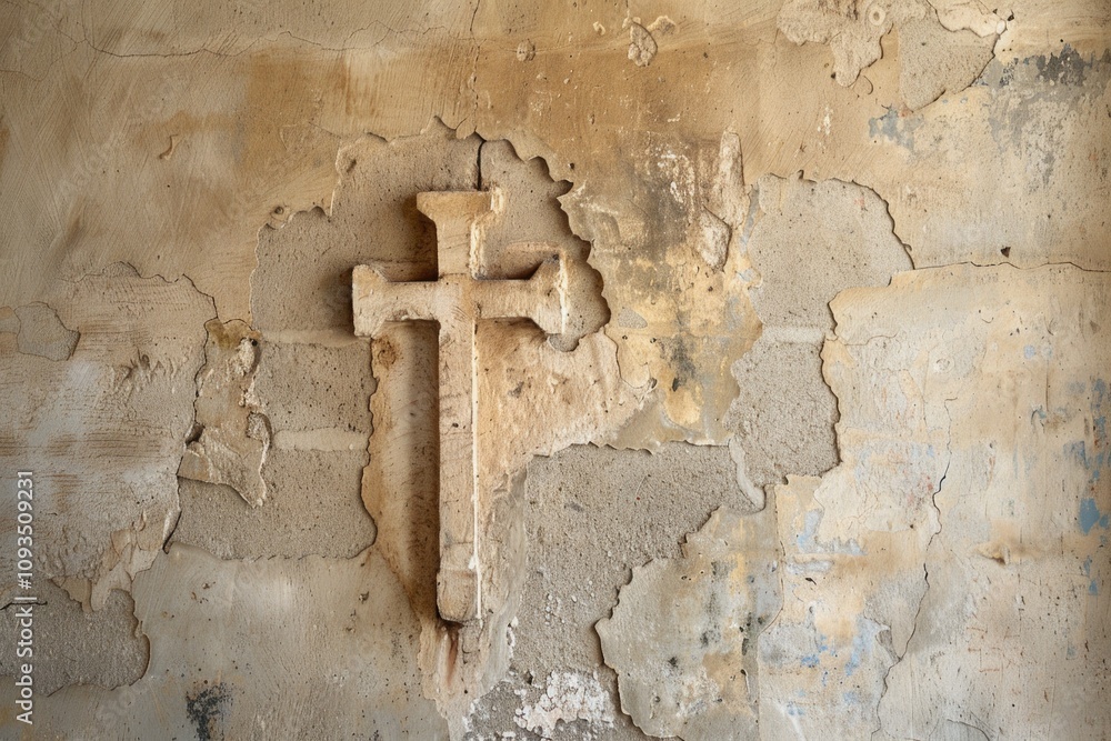 Poster a worn-out cross is mounted on the wall of an ancient structure