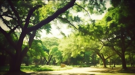 Lush Green Canopy Over Park Path Sunlight