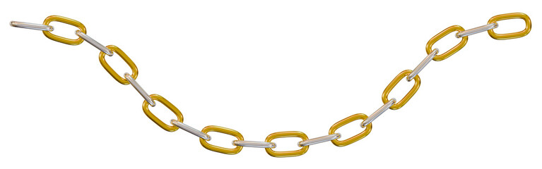 Fototapeta premium A link of silver and golden chains in a curve.