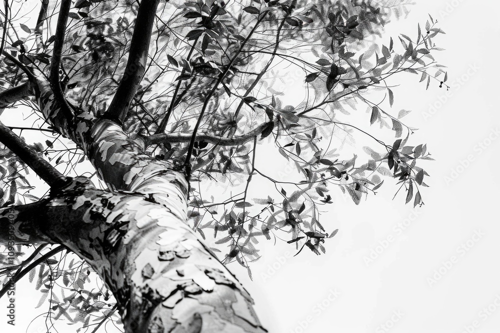 Poster A black and white photograph of a single tree with a focus on its unique shape and texture
