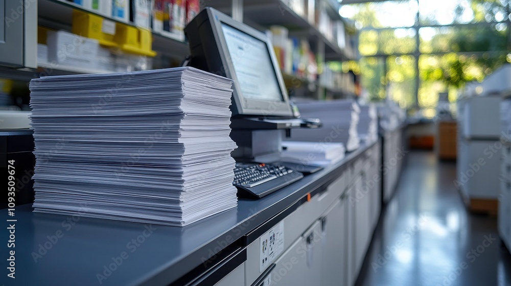 Poster stacks of paper and office equipment in a bright, modern workspace with large windows and organized 