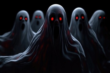 A group of ghostly figures with red eyes, ideal for horror or fantasy themes
