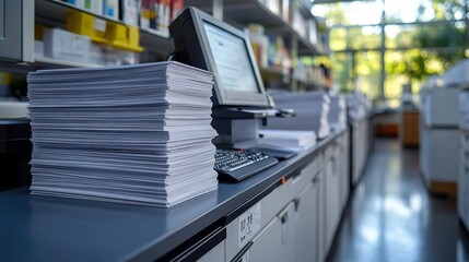 Fototapeta premium Stacks of Paper and Office Equipment in a Bright, Modern Workspace with Large Windows and Organized Filing Stations for Efficient Workflow