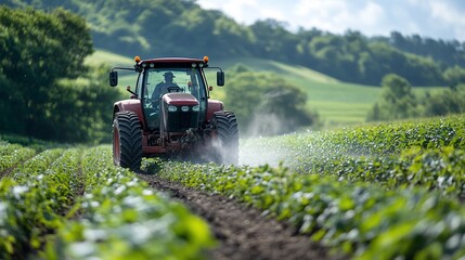 Obraz premium Tractor spraying crops in a lush green field.