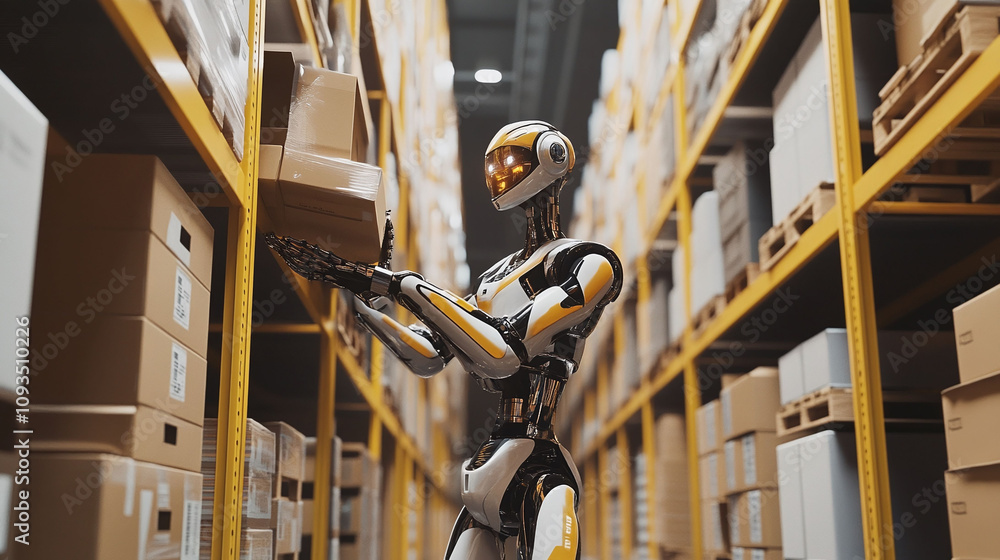 Poster a warehouse robot equipped with 3d vision and tactile sensors skillfully picking and packing items f