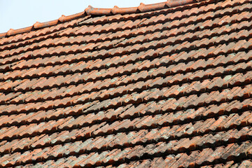 On the roof of the house is an old red tile