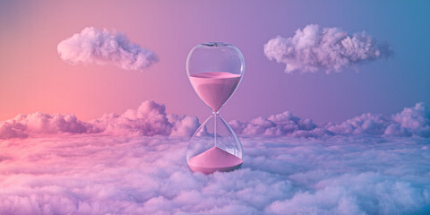 Glass hourglass with pink sand floating amidst fluffy pink and purple clouds in a dreamy gradient sky, evoking themes of time, serenity, and imagination.