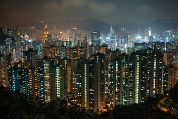 Obraz premium A city street scene at nighttime with many tall buildings, great for urban or metropolitan use