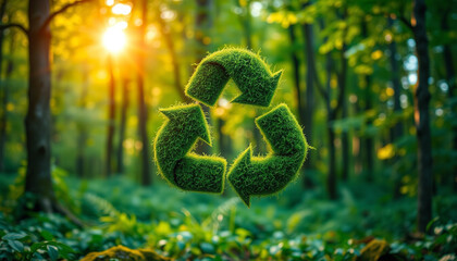 Eco-Friendly Green Recycling Symbol with Plants, Leaves, and Sunlight in a Forest Background.