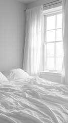 Cozy minimalist bedroom with white bedding and sunlit window