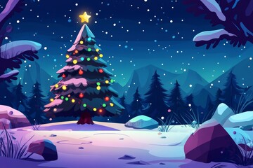 A festive tree in a winter woodland with a star-filled sky. Christmas Card.