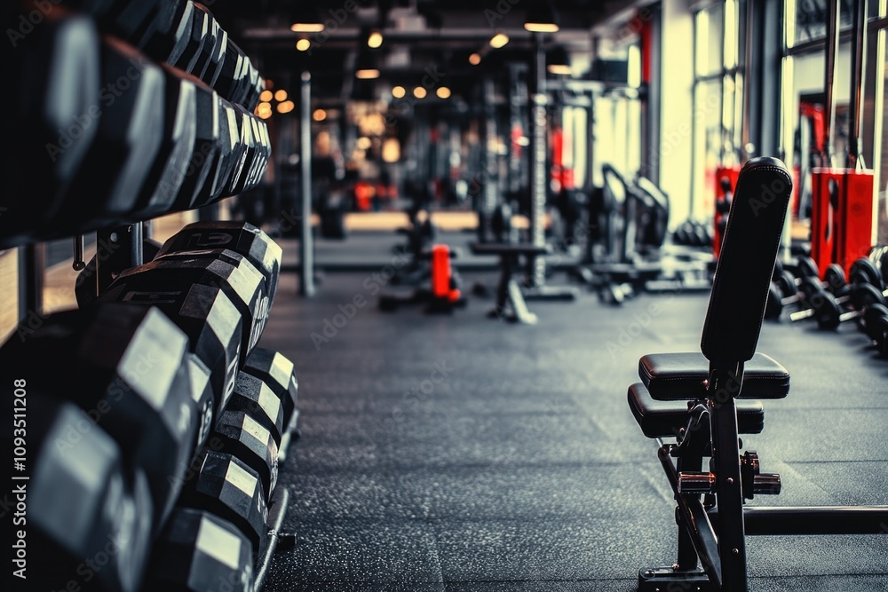 Aufkleber rows of dumbbells and weights in a gym setting