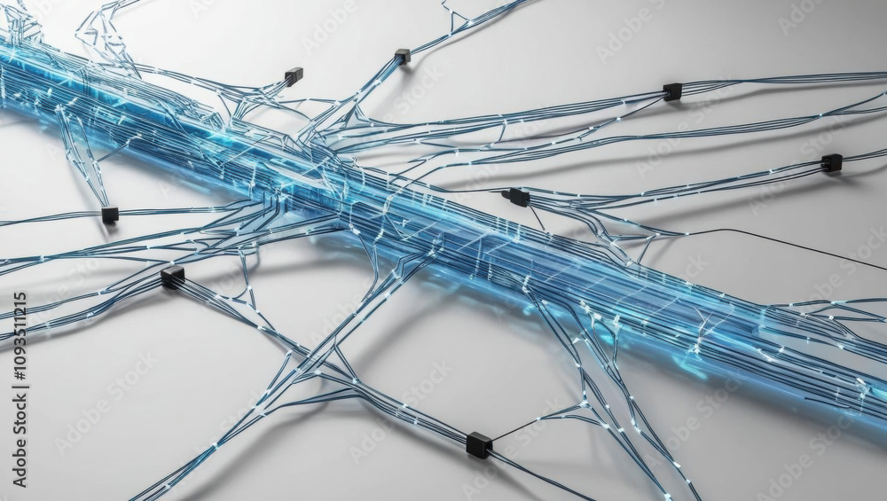 Aufkleber fiber network visualization features holographic glow with intricate light details, showcasing dynam