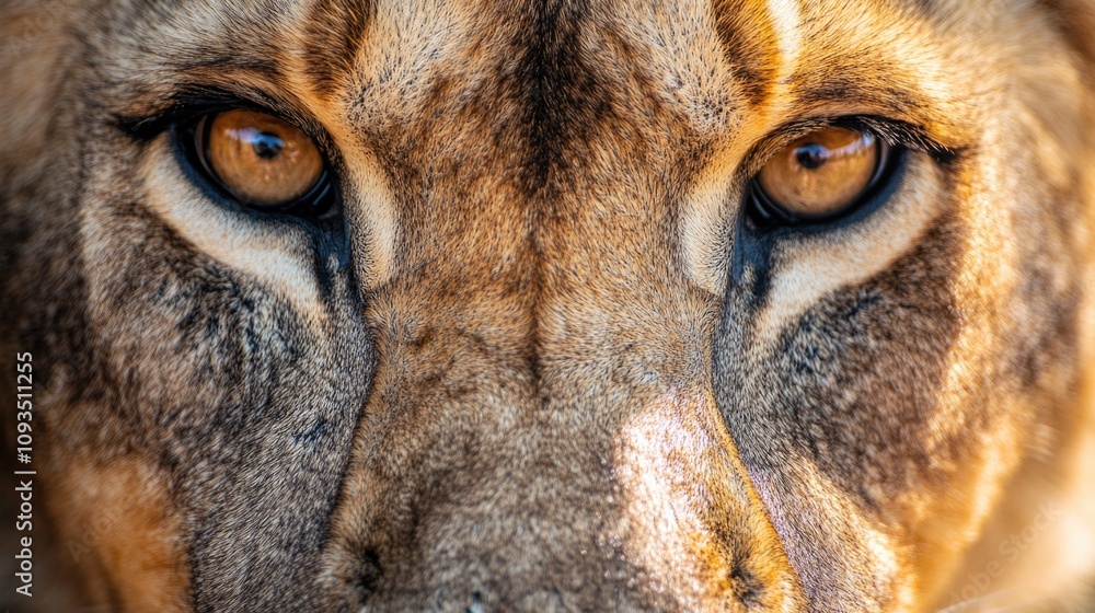 Poster a close-up view of a lion's face, perfect for use in wildlife or nature-related projects
