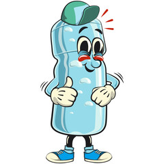 water plastic bottle cartoon mascot character wearing a baseball cap while giving a thumbs up, vector illustration isolated, work of hand drawn