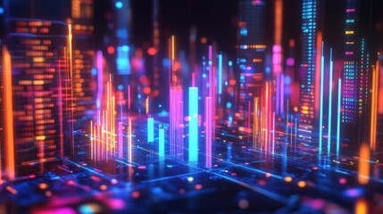 A vibrant digital landscape with glowing data visualizations and colorful light patterns.