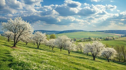 Obraz premium Serene Spring Landscape with Blooming Cherry Trees on Rolling Hills under a Bright Sky with Fluffy Clouds and Lush Green Grass