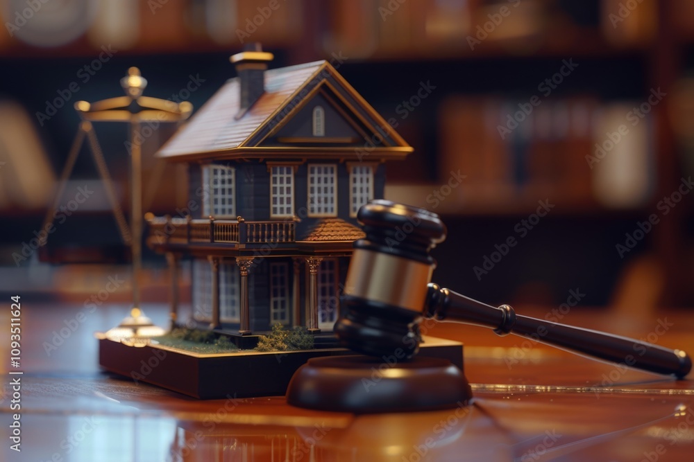 Poster a small model of a house with a judge's gavel on a table, great for illustrations and designs