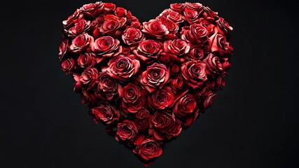 Heart made of red roses on black background