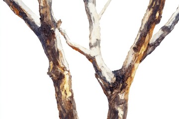 A watercolor painting of a single bare tree with gnarled branches and roots exposed