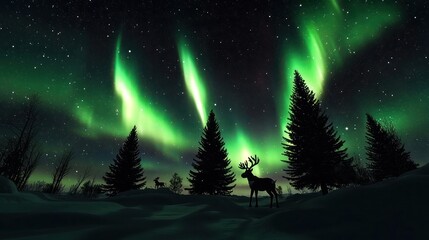 Naklejka premium Magical winter night scene featuring dynamic Northern Lights and a starry sky, with dark silhouettes of Christmas trees and reindeer for a serene holiday atmosphere.