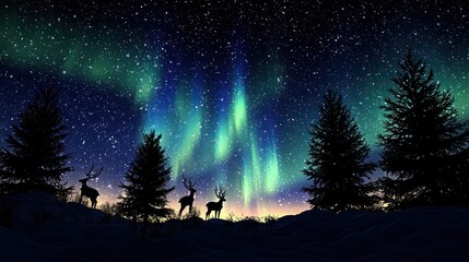 Magical winter night scene featuring dynamic Northern Lights and a starry sky, with dark silhouettes of Christmas trees and reindeer for a serene holiday atmosphere.