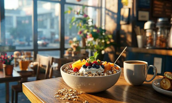 A Bright Morning Scene Featuring a Healthy Breakfast Bowl with Fresh Fruits, Yogurt, Granola, and a Cup of Coffee in a Cozy Cafe Setting
