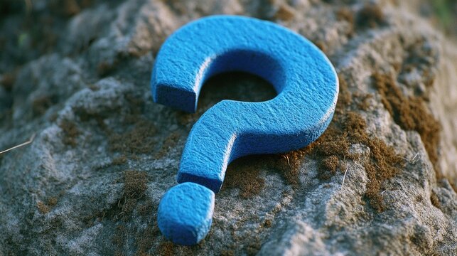 A blue question mark sits alone on a rock