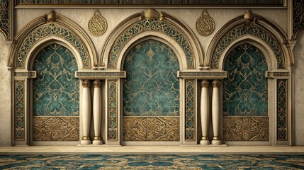 Obraz premium Elegant Islamic architecture with ornate arches, columns, and teal patterned walls.