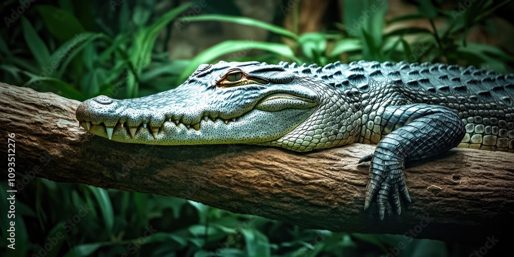 Poster A large alligator is resting on a tree branch, its scaly body blending in with the natural surroundings
