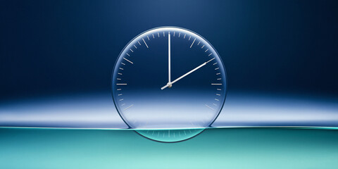 Minimalist glass clock seamlessly blending with reflective water and a gradient blue background, symbolizing tranquility, time, and precision.

