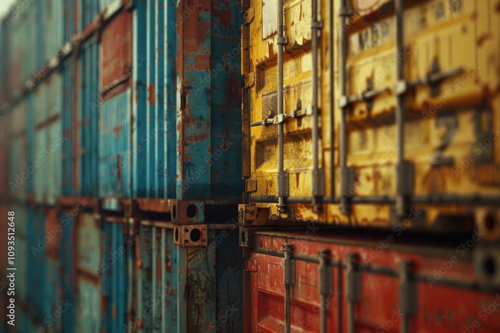 Poster close-up of a stack of shipping containers in various colors and sizes
