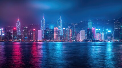 Obraz premium Vibrant Hong Kong skyline at night, reflecting on calm water.