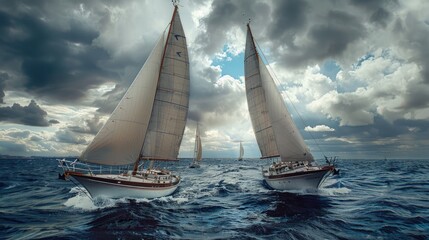 Fototapeta premium Sailboats sailing on the open ocean with a cloudy sky