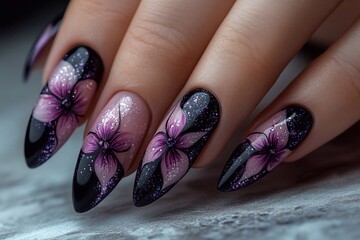 Bright black with colored design manicure with sparkles on long nails. Light and elegant design emphasizes sophistication and style,