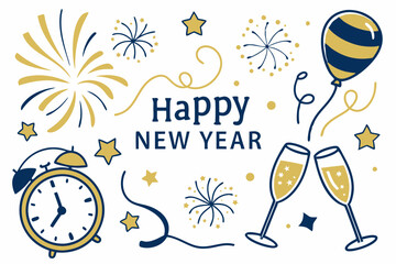 Festive Happy New Year Vector Design with Sparkling Decorations on White Background

