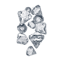 Brilliant diamond crystals levitate on a white background